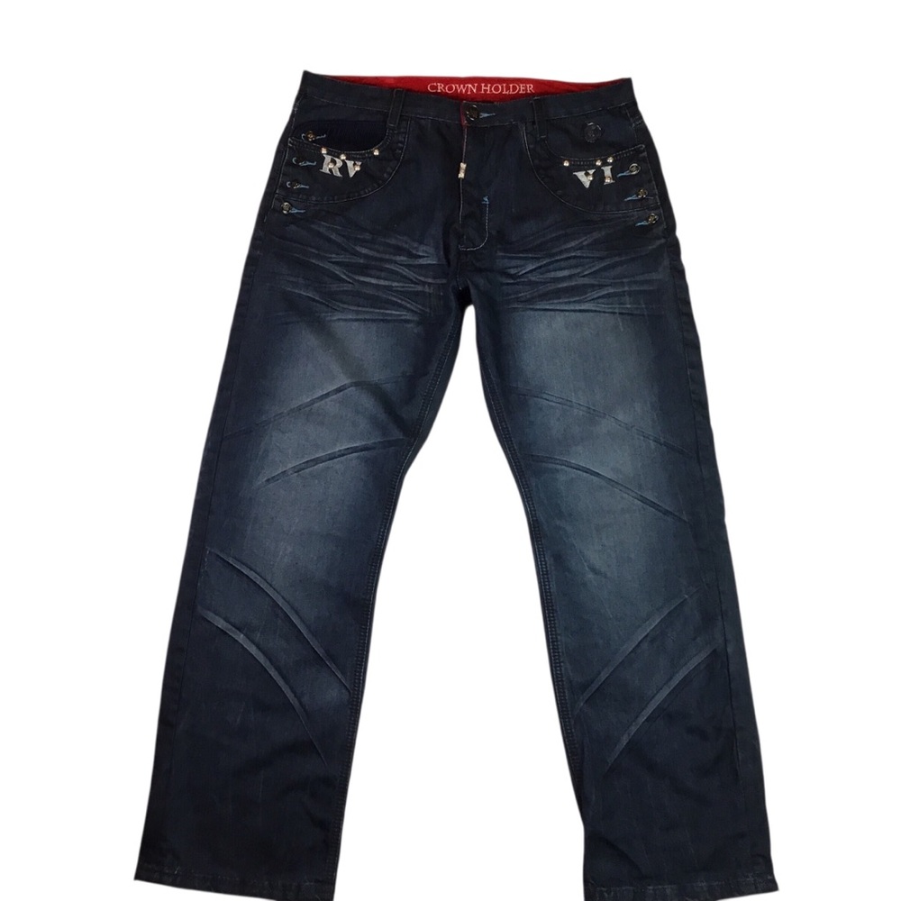 Crown Holder Cotton Embellished Button Fly Wide Leg Jeans